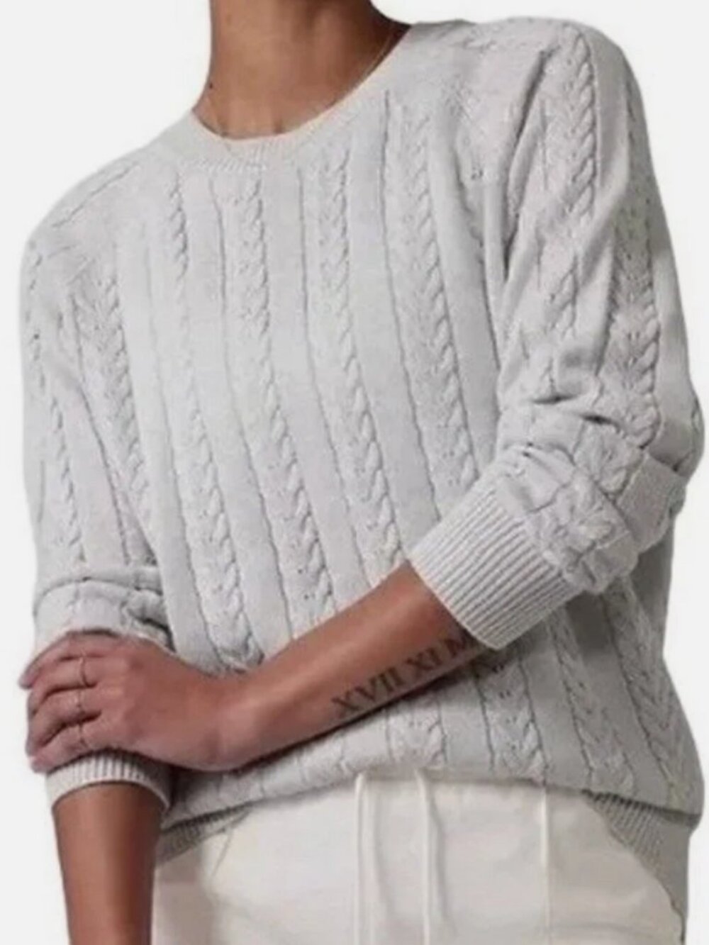 Athleta Crossroads Crew Neck Cable Knit Silver Sweater Size XS